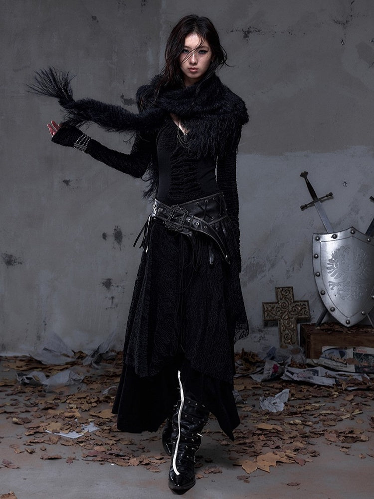 Black Dress Sleeve Knit with Waist Punk Hem Tiered Handkerchief Juliette Studded