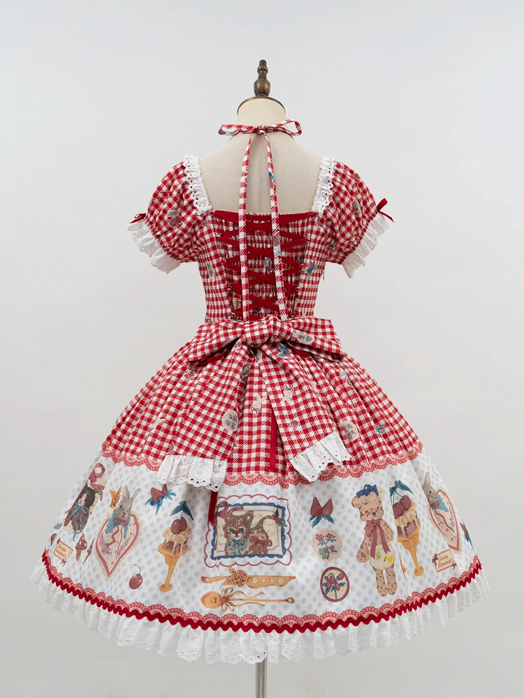 Süßes Lolita-Kleid mit rotem Teddy-Print, Dessert und Kirsch-Gingham
