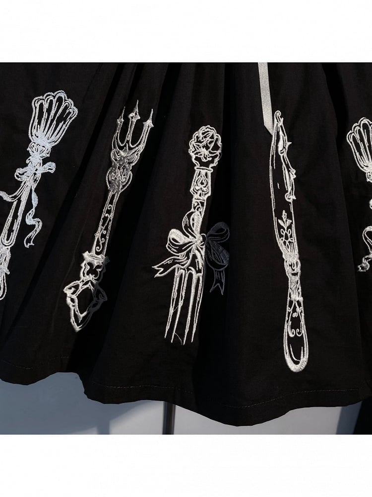 Cutlery Embroidered Short Sleeve Gothic OP Dress in Black with Halter Neckline - Vivian's Diary