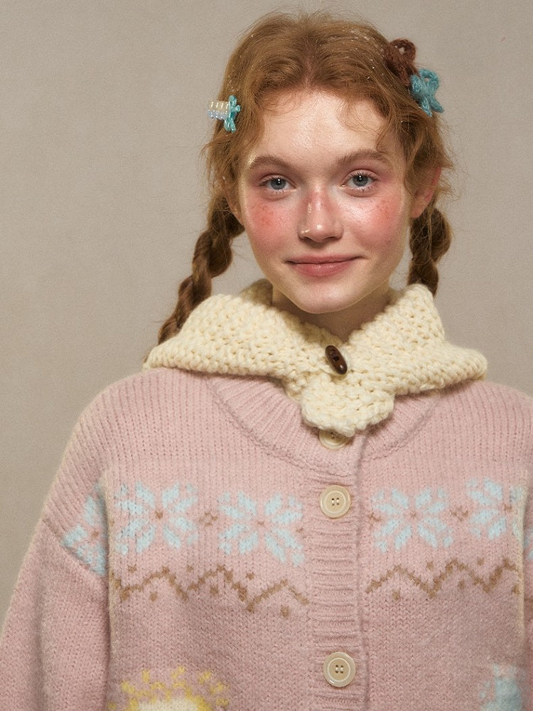 Snowman Charm Cardigan Knit Button-Front - Kawaii Yellow/Black/Pink Vintage Jacquard