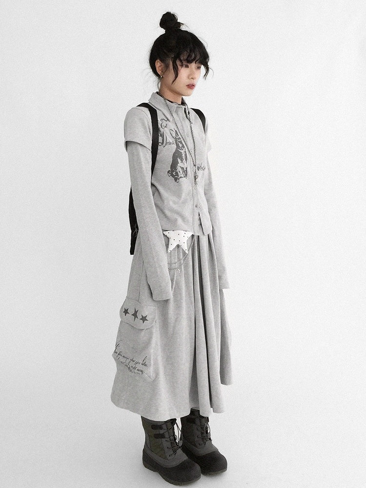 Gray Sleeve Long Two-piece - Print Top Bunny