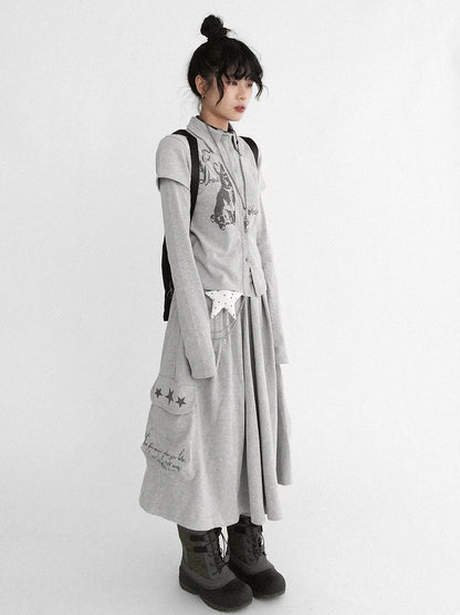 Gray Sleeve Long Two-piece - Print Top Bunny