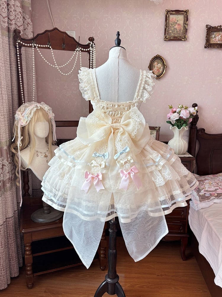 Tüll-Lolita-Korsettrock, Prinzessinnen-Lagenrock, Aprikose, große Taille, mit Schleife hinten, JSK