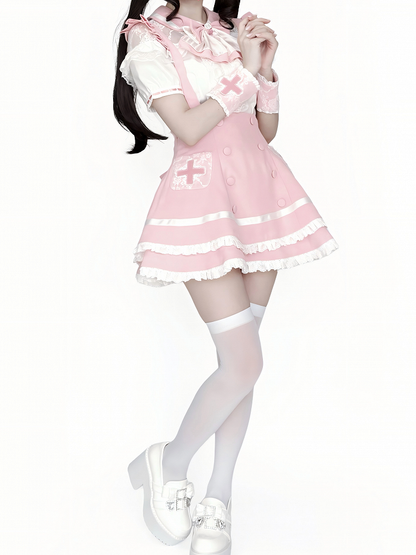 Pink Lace Blouse Skirt Set with Straps & Bow Tie - Shi Zhai Xin
