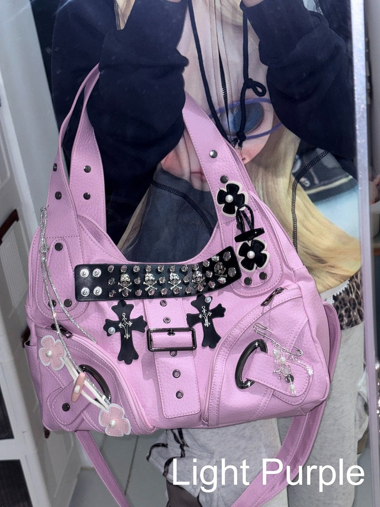 Y2K Vintage Handbag with Studs and Buckle Accent - Black Cherry Sauce