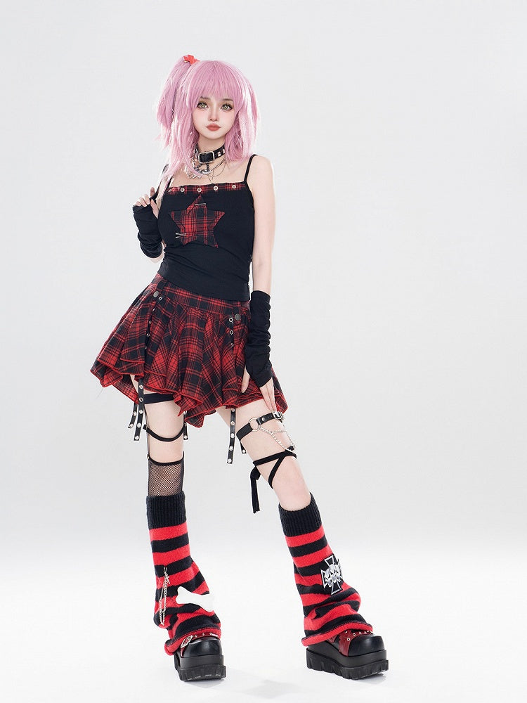 Applique Cami Mini Red Star Plaid Top Tiered With + Black Skirt