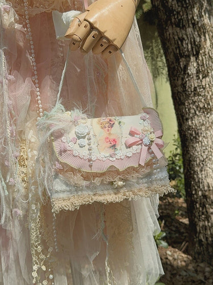 ライトピンクの花柄フェザー装飾ショルダーバッグ