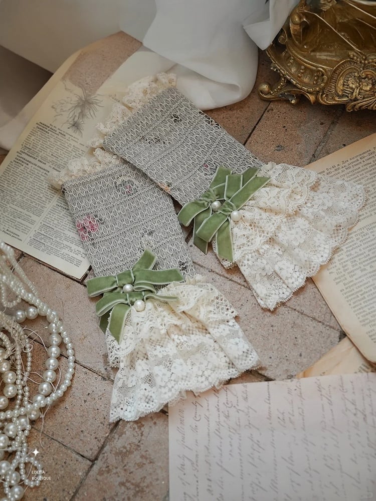 Beige/Green Lace Trimmed Sweet Lolita Wrist Cuffs with Bows and Beads - NyaNya