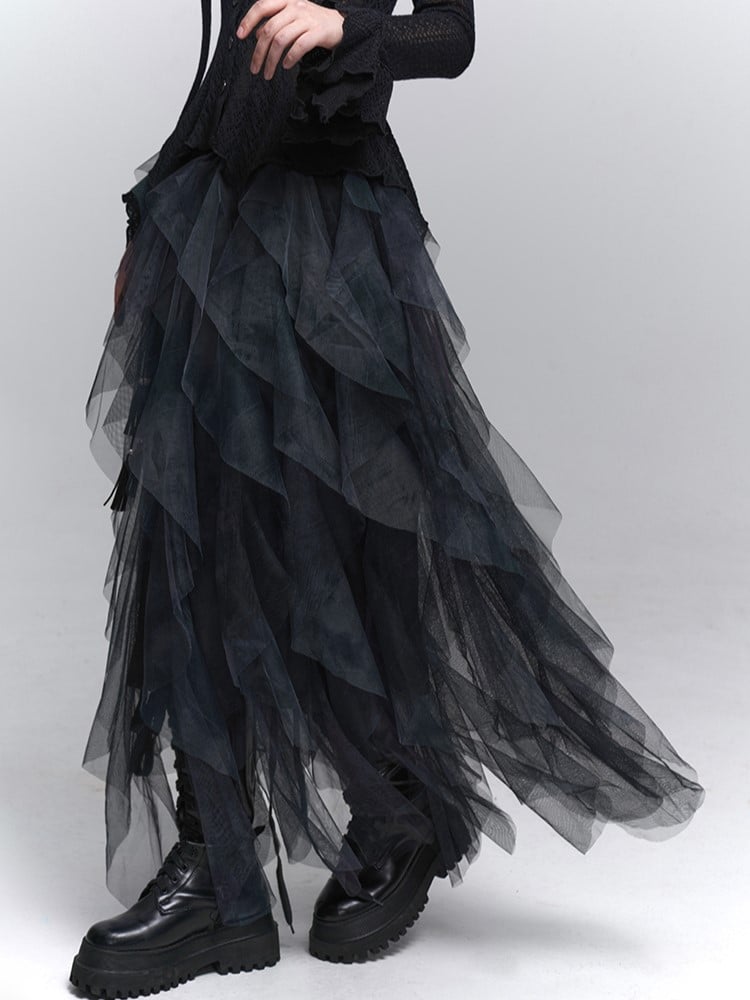Skirt Asymmetrical Black  Tulle Cascading Gothic Ruffles with