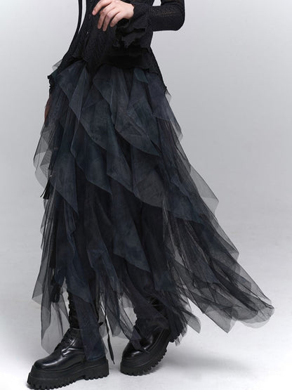Skirt Asymmetrical Black  Tulle Cascading Gothic Ruffles with
