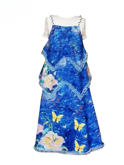 Faux Print Ölblaue Spitze Zweiteiliges Y2K Malkleid