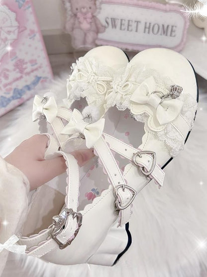 in with White PU Mid-heel Janes Mary Leather Bow Accents