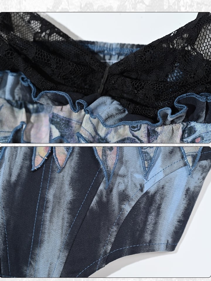 グランジパンクロックフェアリーブルーレースカウルネックラインボーンコルセットタイダイキャミトップ