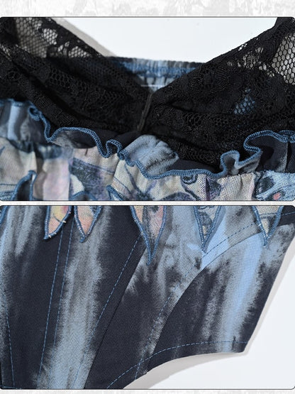 グランジパンクロックフェアリーブルーレースカウルネックラインボーンコルセットタイダイキャミトップ