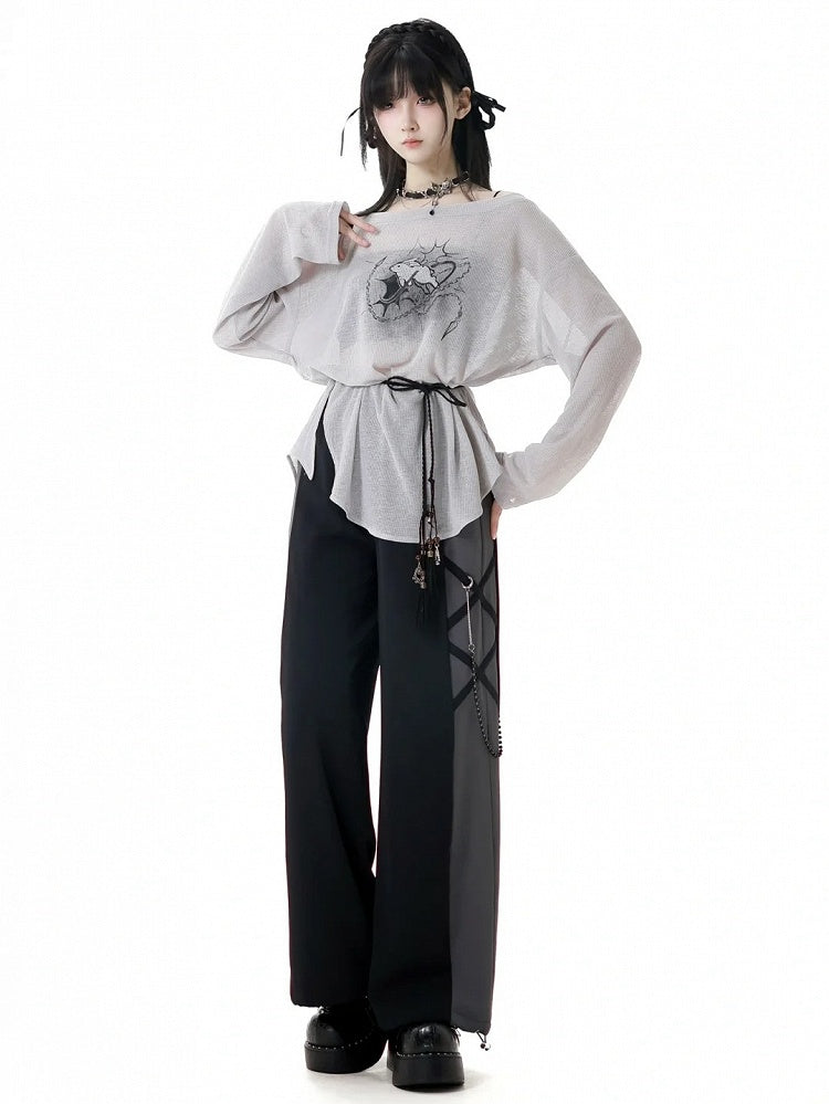 ストラップバニープリントカバーアップ+キャミトップ+セルフタイグレーオフショルダーピースの3点セット