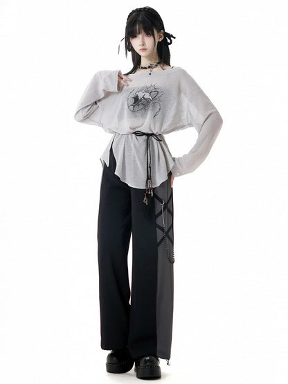 ストラップバニープリントカバーアップ+キャミトップ+セルフタイグレーオフショルダーピースの3点セット