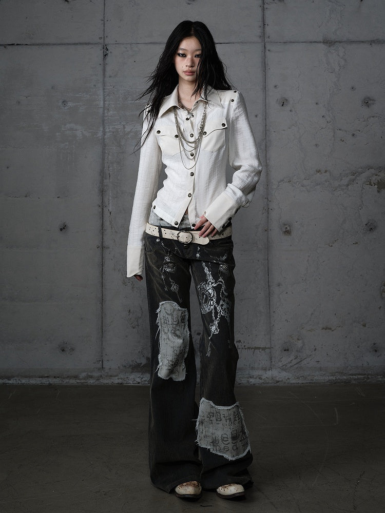 Punk Vintage Detachable Hem Patchwork White Back PU with Shirt Deconstructed