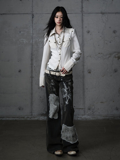 Punk Vintage Detachable Hem Patchwork White Back PU with Shirt Deconstructed