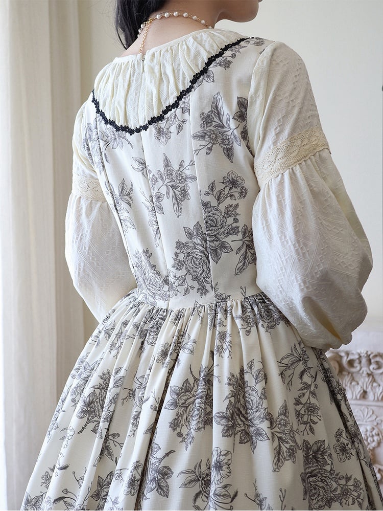 Beige & Black Rosette Print Long-sleeved Elegant Classic Lolita Dress