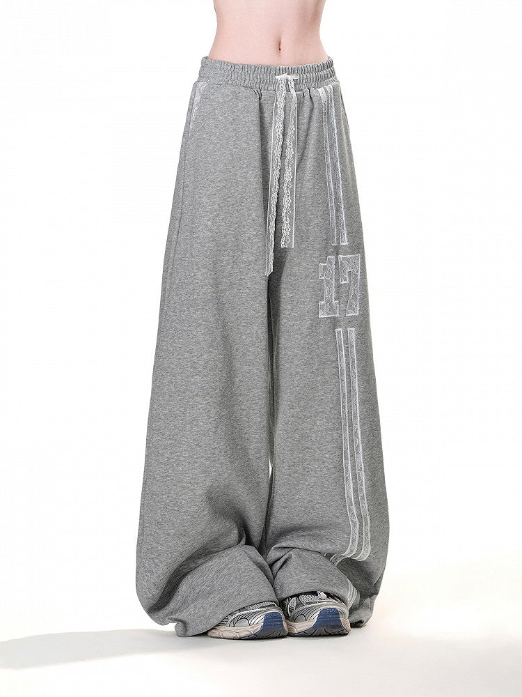 Gray Elastic Waist Lace Wide-Leg Drawstring Sports Pants Waist