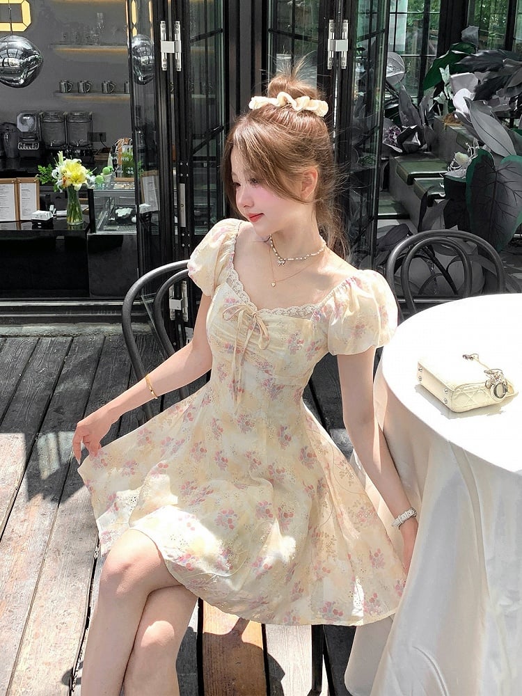 Yellow & Pink Floral Print Summer Holiday Dress - Qchiwawameme