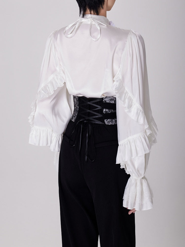 Elegant White Ruffled Bodice Shirt with Flounce Trim and Long Sleeves - DevilInspired Exclusive Collection