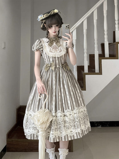 Bodice Pattern and Bowknot Lolita Piece Classic Embroidery Version Brown Long One Striped Floral