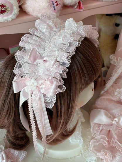 Design Ruffled Hairband Pink/PinkBlue Floral Details Bowknot