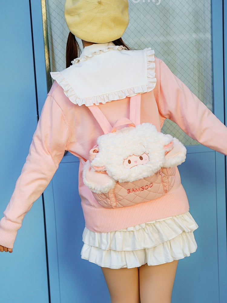 Diamond Letter Lamb Backpack Flap WhitePink Embroidery Plush Pattern
