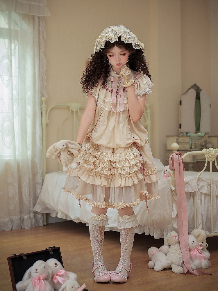 Beige Rosette Jacquard Lolita OP Dress with Layered Ruffles - With PUJI