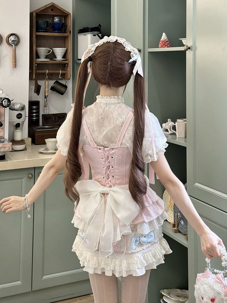 フル+リボンスイート - キャミスカート、ブルースリーブ、ピンクアクセント、ロリータパフ＆クロップドトップセット