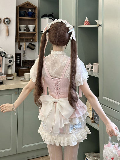 Rock Lolita + Akzente Puff Pink Volle Ärmel und Set Cami Sweet - Top Cropped Bow Blue