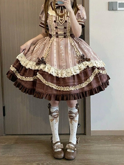 Chocolate Short Sleeve Lolita OP Dress with Lace - Lineall Cat