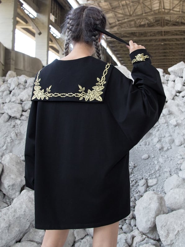 Gold Black Rose and Gothic Sailor Thorn Loose with Collar Embroidery Sweatshirt