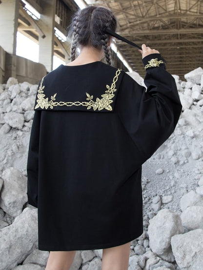Gold Black Rose and Gothic Sailor Thorn Loose with Collar Embroidery Sweatshirt