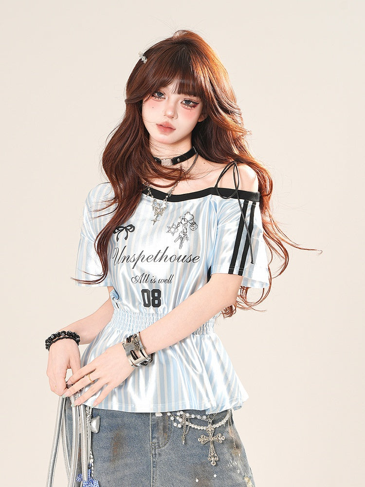 アシンメトリーネックライン ストライプTシャツ スモック 伸縮性ウエスト ブロケット コア ブラック/ブルー