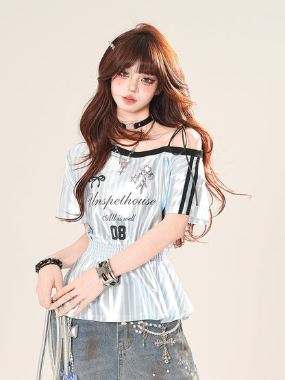 アシンメトリーネックライン ストライプTシャツ スモック 伸縮性ウエスト ブロケット コア ブラック/ブルー