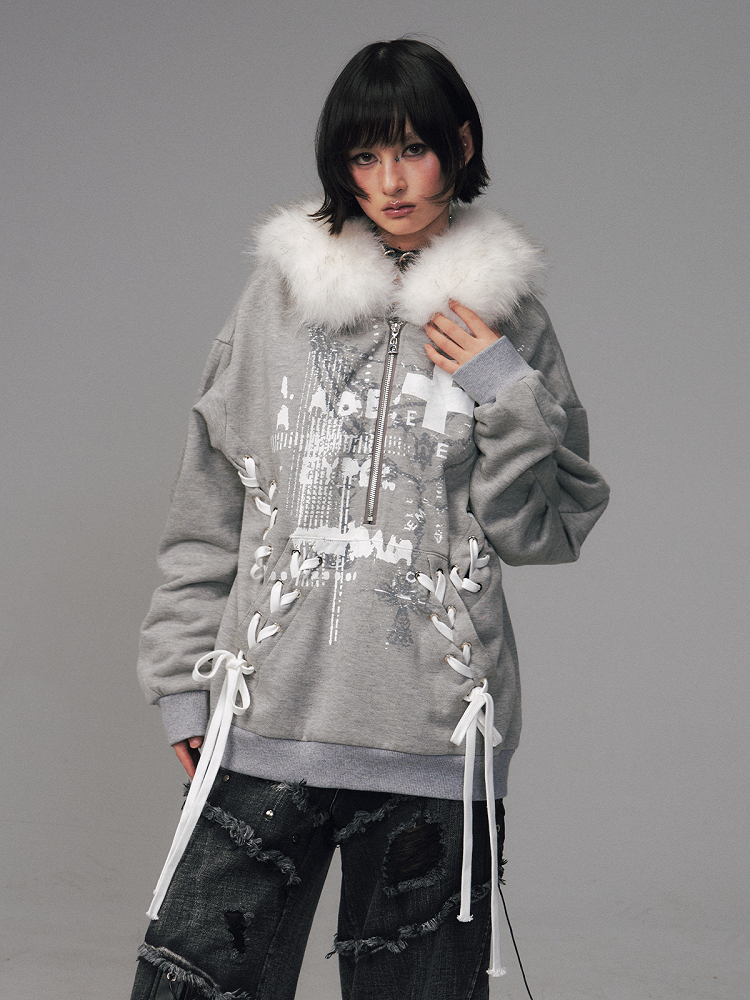 Print Gray Top Decorated Lace-up Floral -