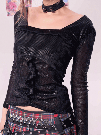 Schwarzes, eng anliegendes Pailletten-Top mit quadratischem Ausschnitt