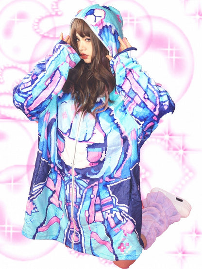 Bärendruck Blau Y2K Cartoon Jacke Blaubeere Kapuze