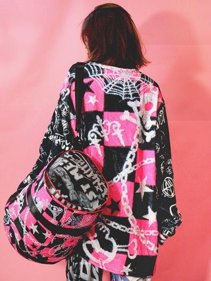 Und Skelett Karierte Krone Y2K Print Stern Oversize Muster Sweatshirt Schwarz