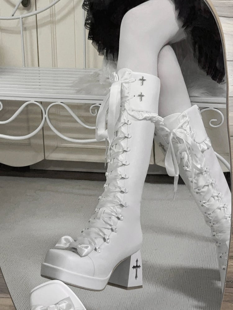 Gothic Long Boots with 8CM Cross Cutout Heel and Bow Accents - Night Sakura Water Lantern
