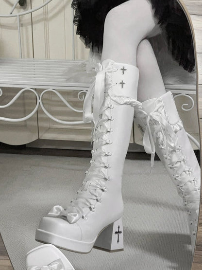 Gothic Long Boots with 8CM Cross Cutout Heel and Bow Accents - Night Sakura Water Lantern