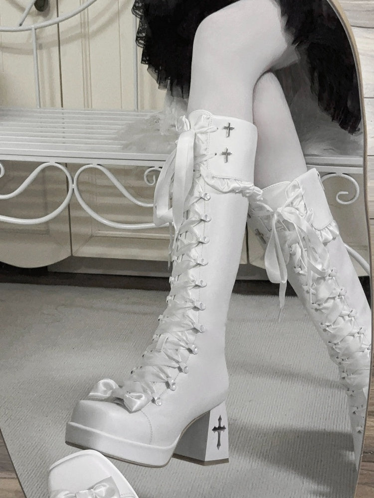 Gothic Lolita Long Boots with 8CM Cross Cutout Heel and Bow Accents - Night Sakura Water Lantern