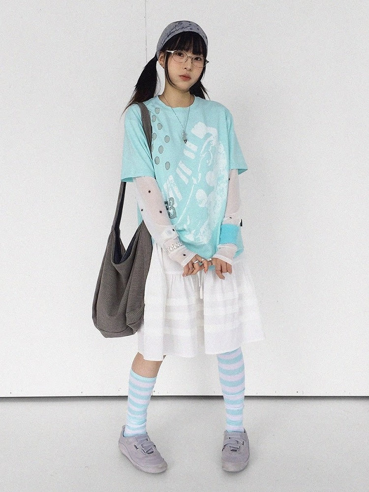 Mint Green Crew Neck Tee with Distressed Print - innomoood
