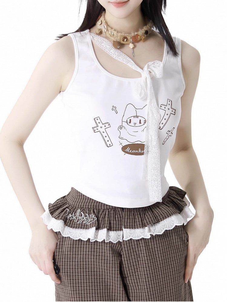 セルフタイストラップ付きホワイトキャットプリントタンクトップネックライン