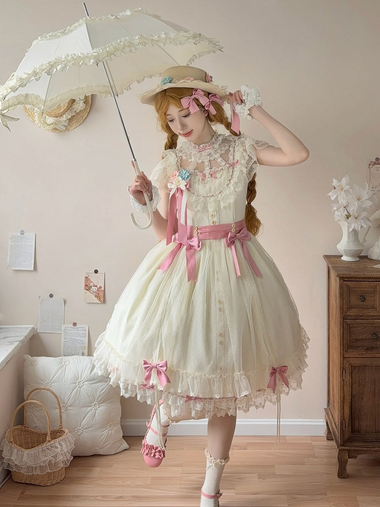 Short Lolita Dress Classic Light Version Bow with Elegant Yellow Lace and Details