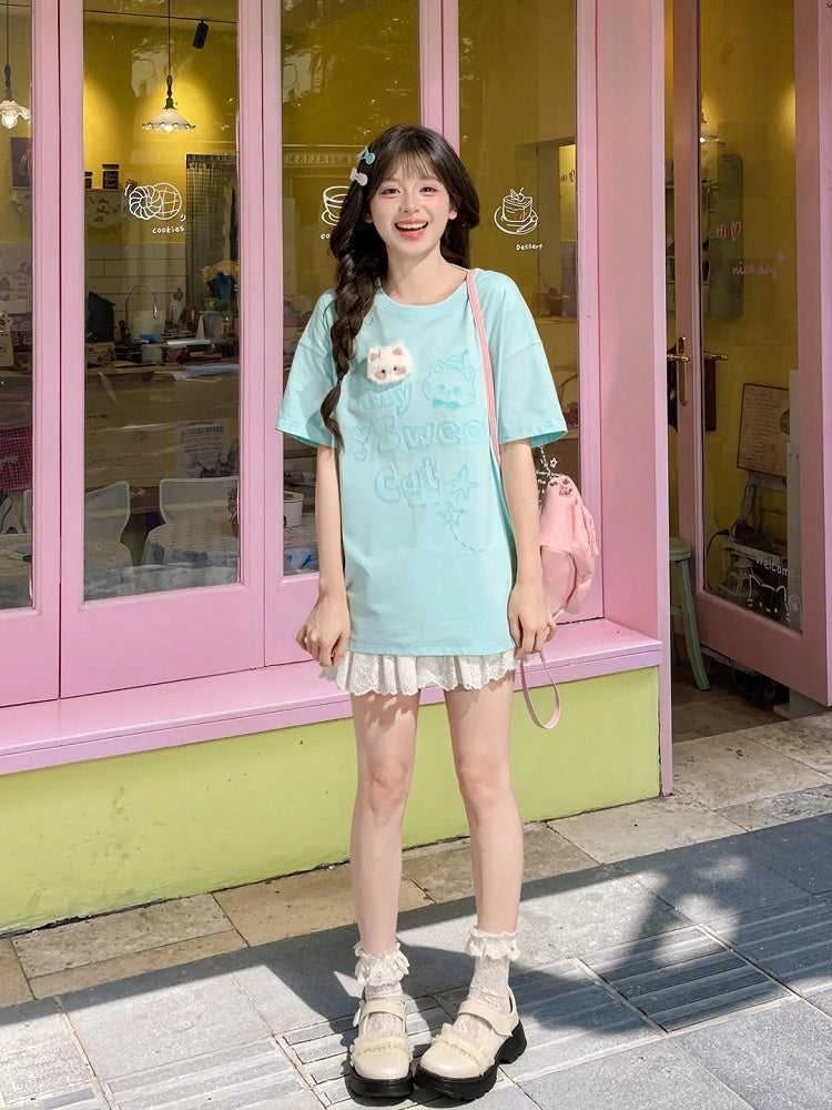 Blue Pink/Mint Plushie T-shirt with Round Neck Kitty Print Loose Kitty