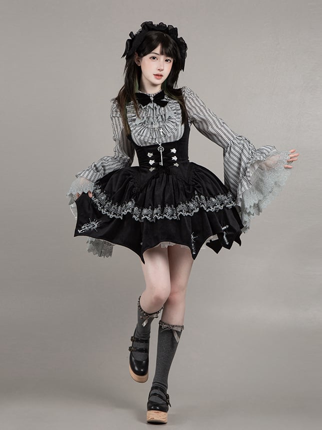 Embroidery Under Boned Lolita Black Waist Gothic Curved Dress Candelabra Bust Hem with