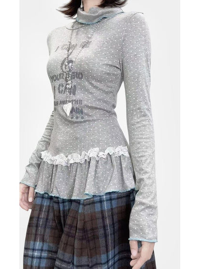 Long Light High Sleeve Y2K - Grey Neck Dots Polka